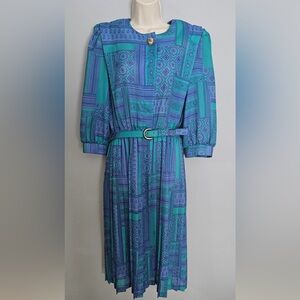 Vintage 80s Dress Lady Carol Petites Womens Size 14P Blue Purple Sheer Secretary
